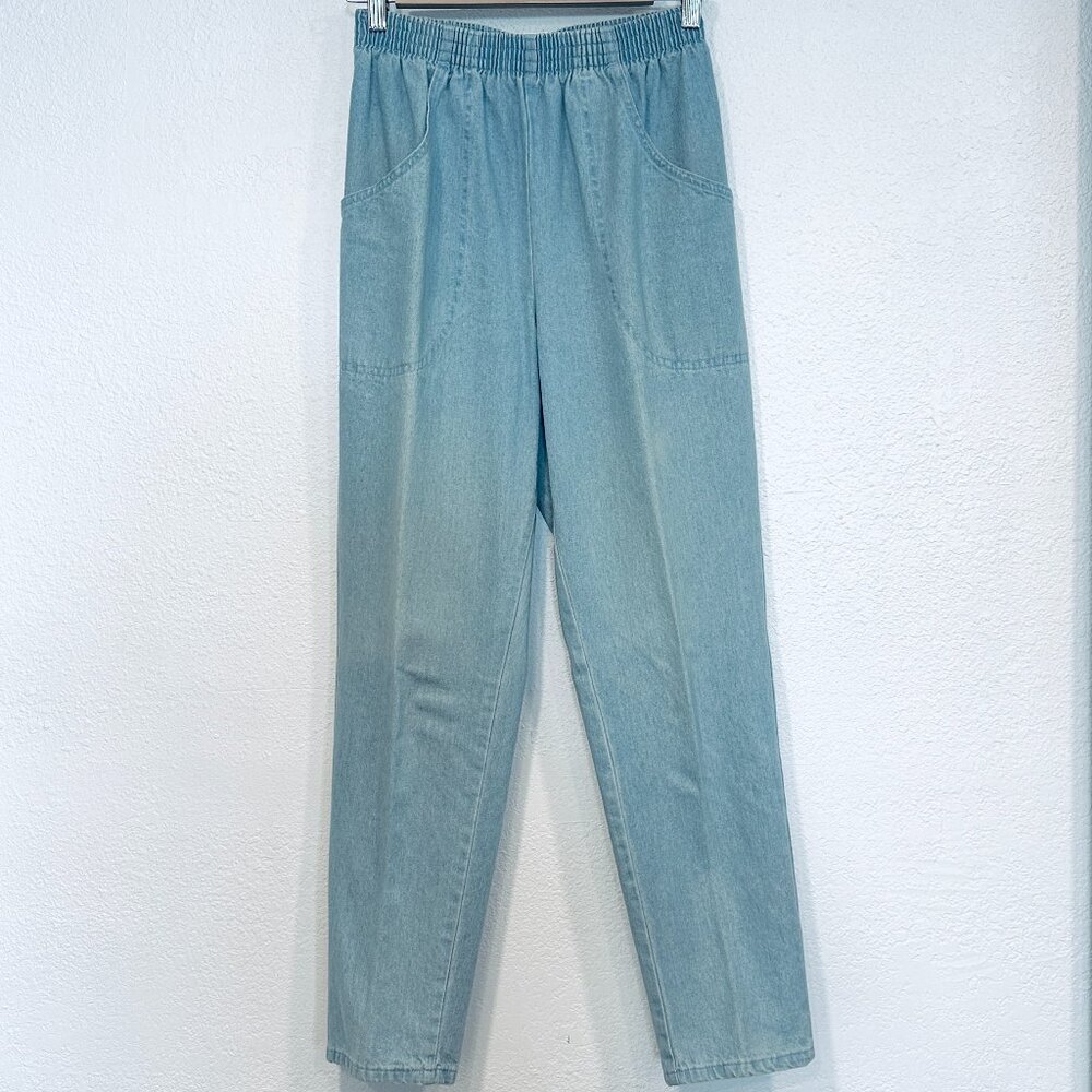 Vintage Cascade Blues Pull On Mom Jeans Elastic Waist Light Wash Womens 8 Short